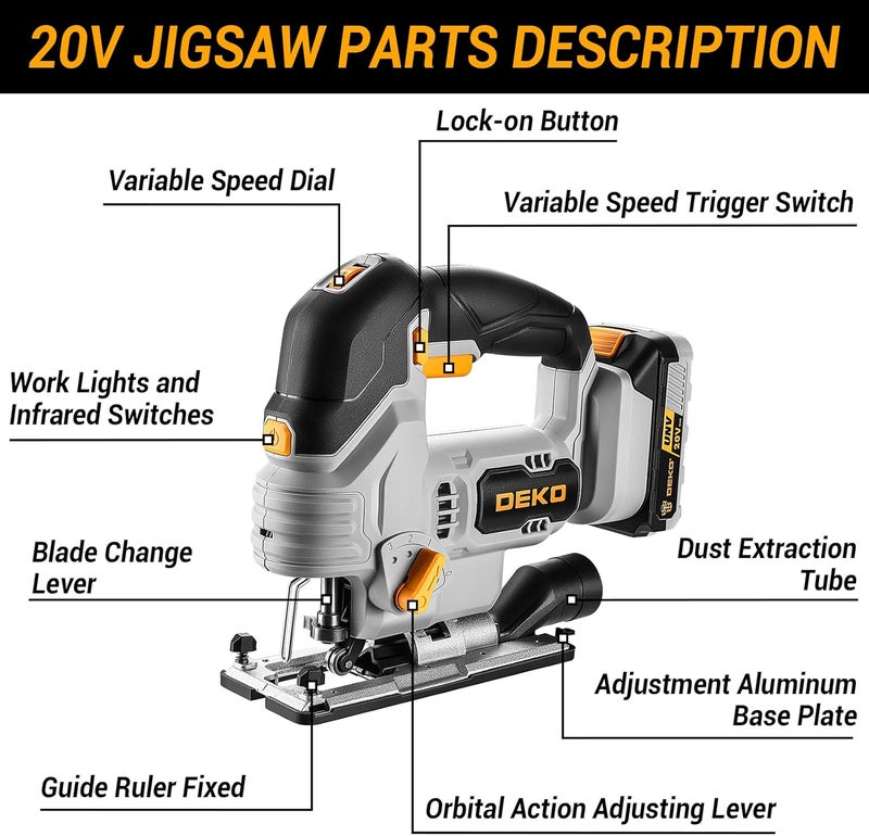 DEKOPRO Jig Saw Cordless Electric Tool: 20V Power Jigsaw with LED Light, 800-3000 RPM Variable Speed, 7/8" Stroke Length, 3 Orbital Settings, ±45° Bevel Cuts for Straight/Curve/Circle Cutting (Gray) - Image 2